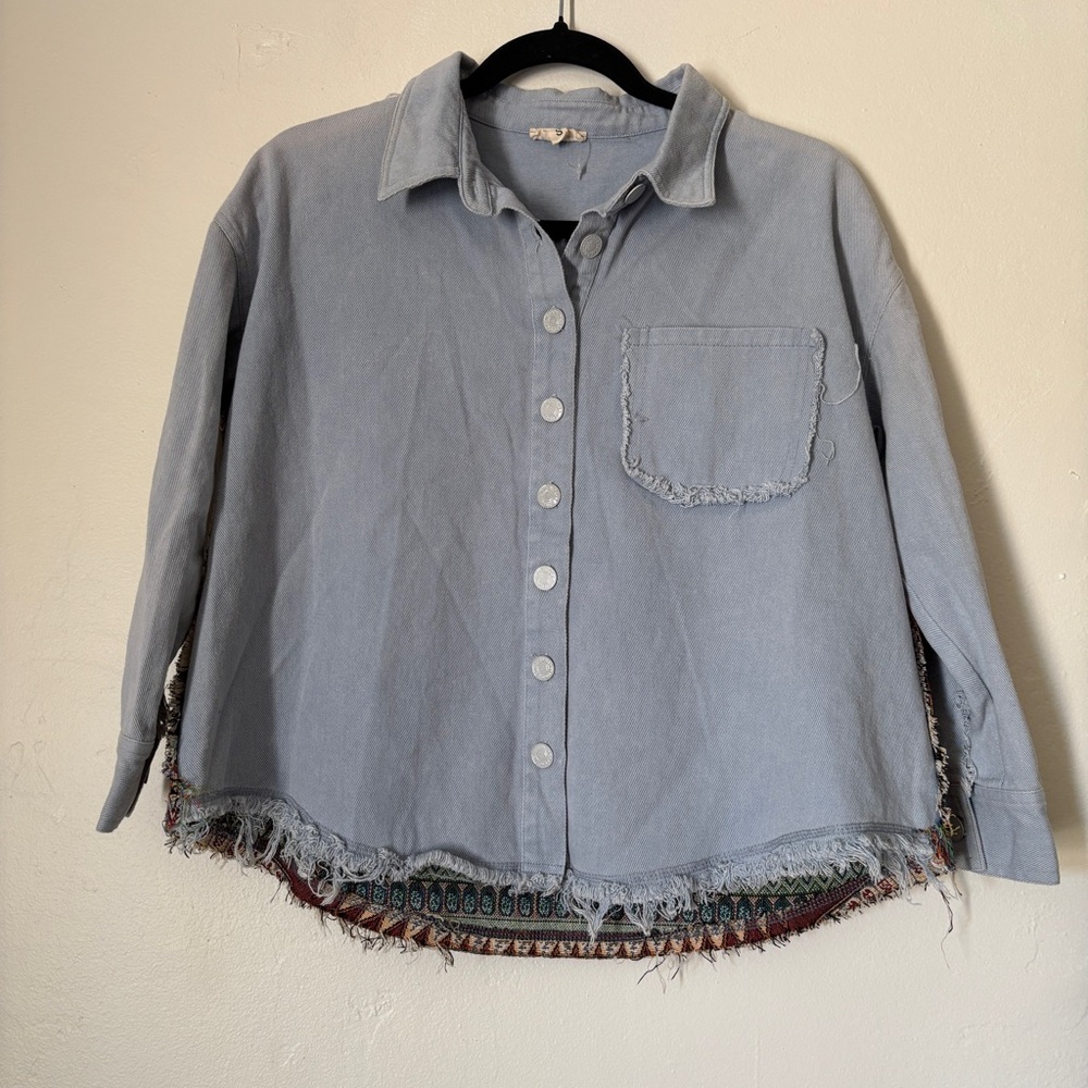 POL Women’s Blue Oversized Frayed Hem Button-up Shirt, Size S